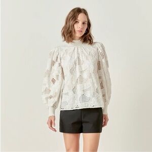English Factory embroidered lace cotton blouse with smocked neck- Size XS